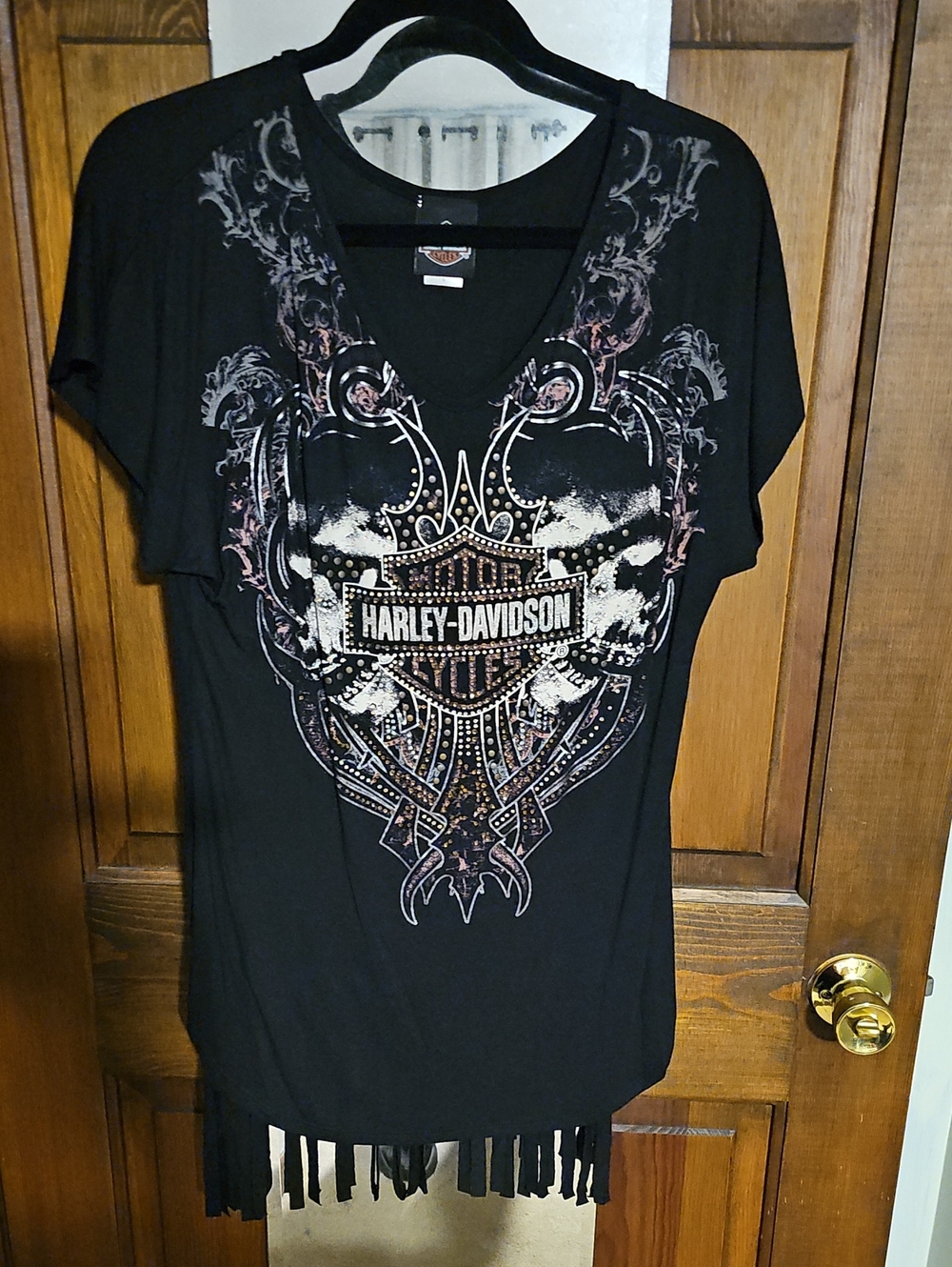Harley-Davidson Women's Black Graphic Fringe V-Neck Top